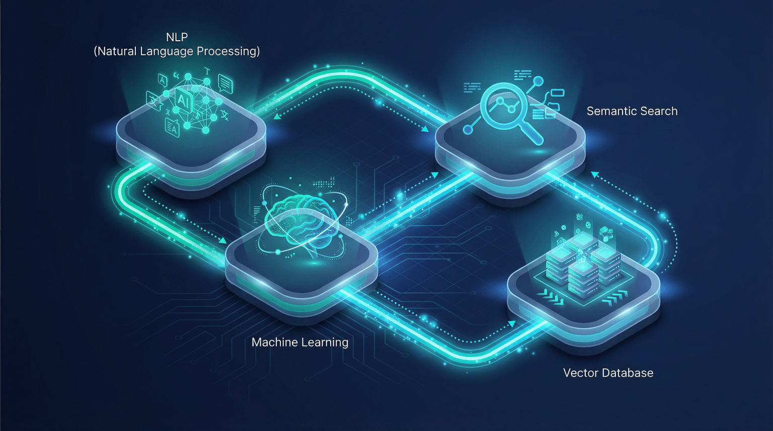 AI knowledge base technology stack showing NLP, ML, semantic search, and vector databases