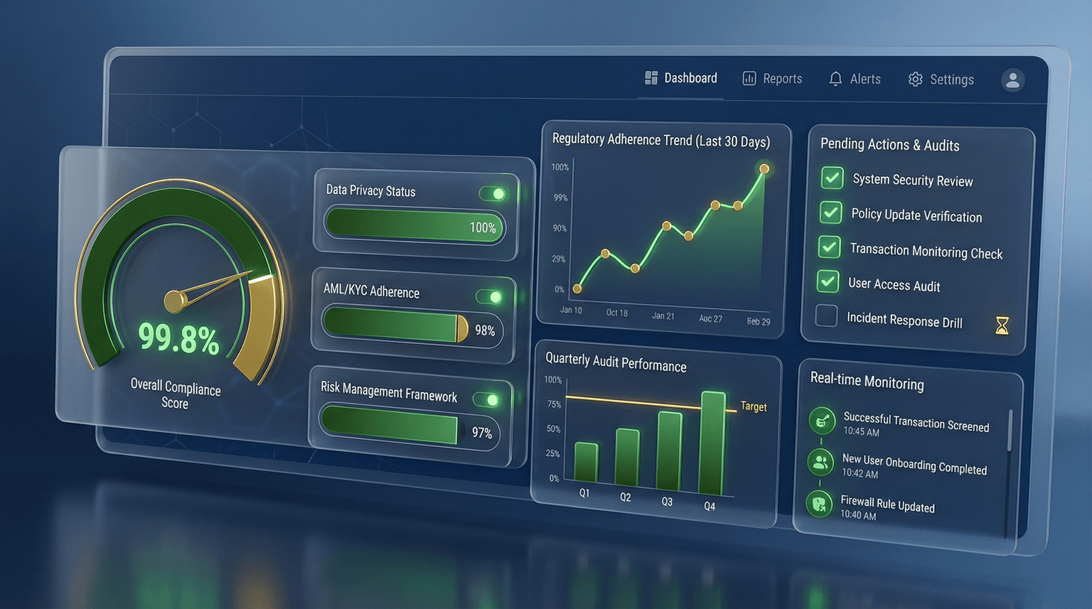 Financial compliance monitoring dashboard with KPIs and audit tracking