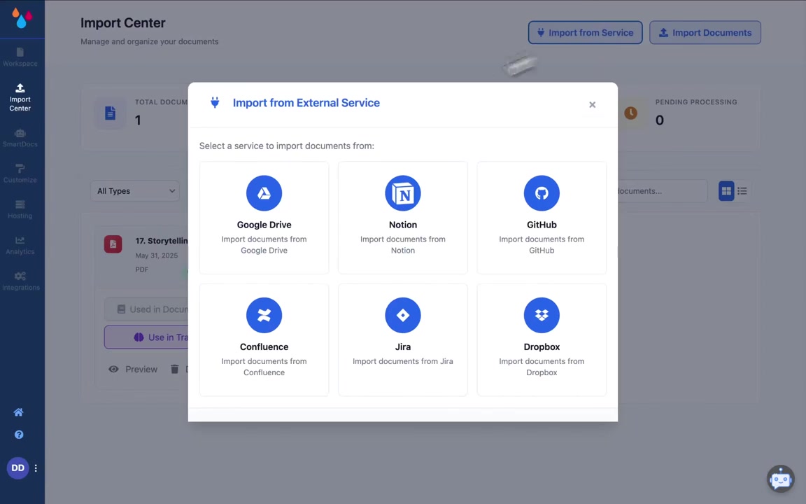 The Import Center pulling documents in from connected sources